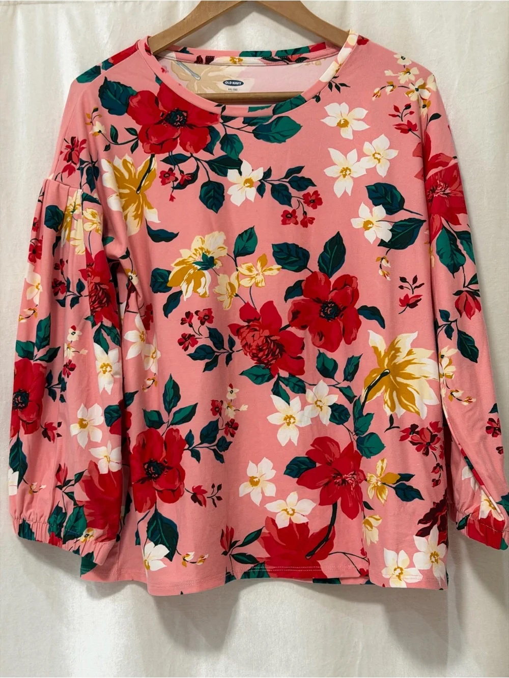 Old Navy Pink Floral Long-Sleeve Tee with Red & Yellow Blooms
